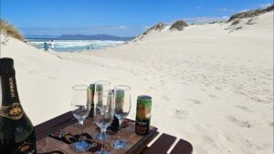 tray with champagne and drinks for a beach day